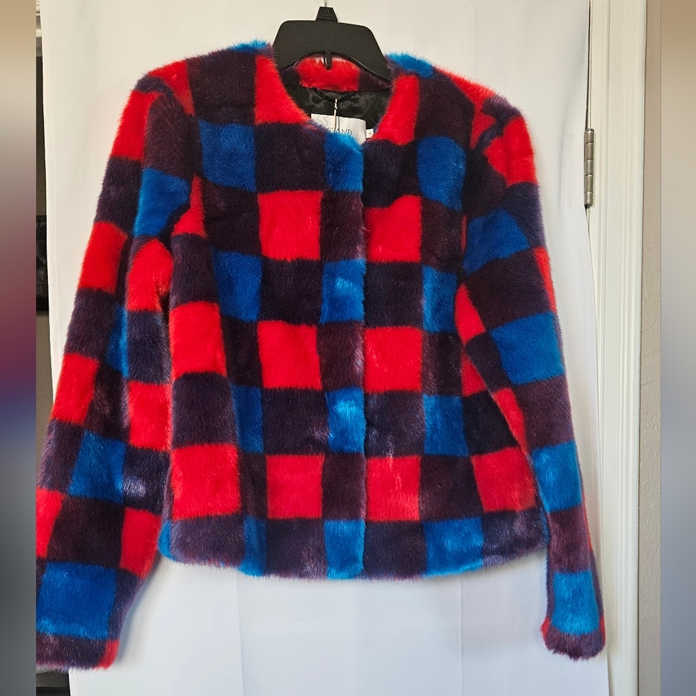 Stand Sofia Faux Fur Blue‎ And Red Checked Jacket NWT